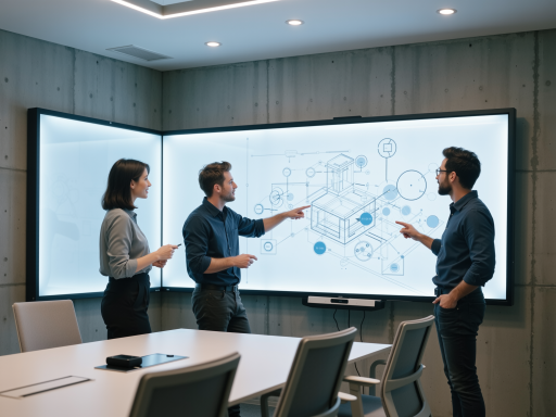 Modern office interior with team discussion meeting and smart device displays